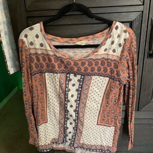 Lucky Brand Orange and White Patchwork Long Sleeve Top